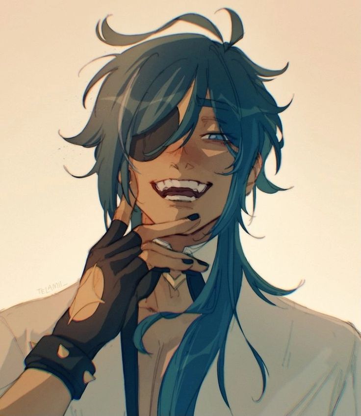 this is a digital art piece of a male anime character. he is wearing a white shirt and black gloves, and has long blue hair and an eyepatch. he is smiling and smirking at the viewer. the character appears to be from the popular game genshin impact and may be itto, a character with similar features. the art is done in a style that is common for anime and fanart, with soft shading and bright colors. the character appears friendly and confident.