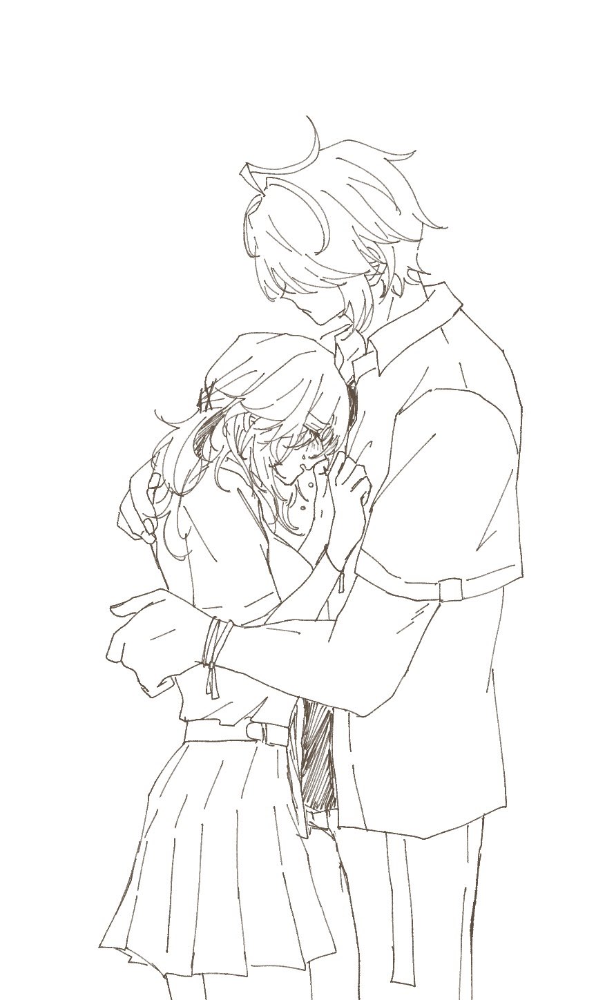 a line art drawing of an anime couple. the girl is crying and being comforted by the boy who is hugging her. the drawing is black and white and has a very simple style. it conveys a feeling of sadness and love.