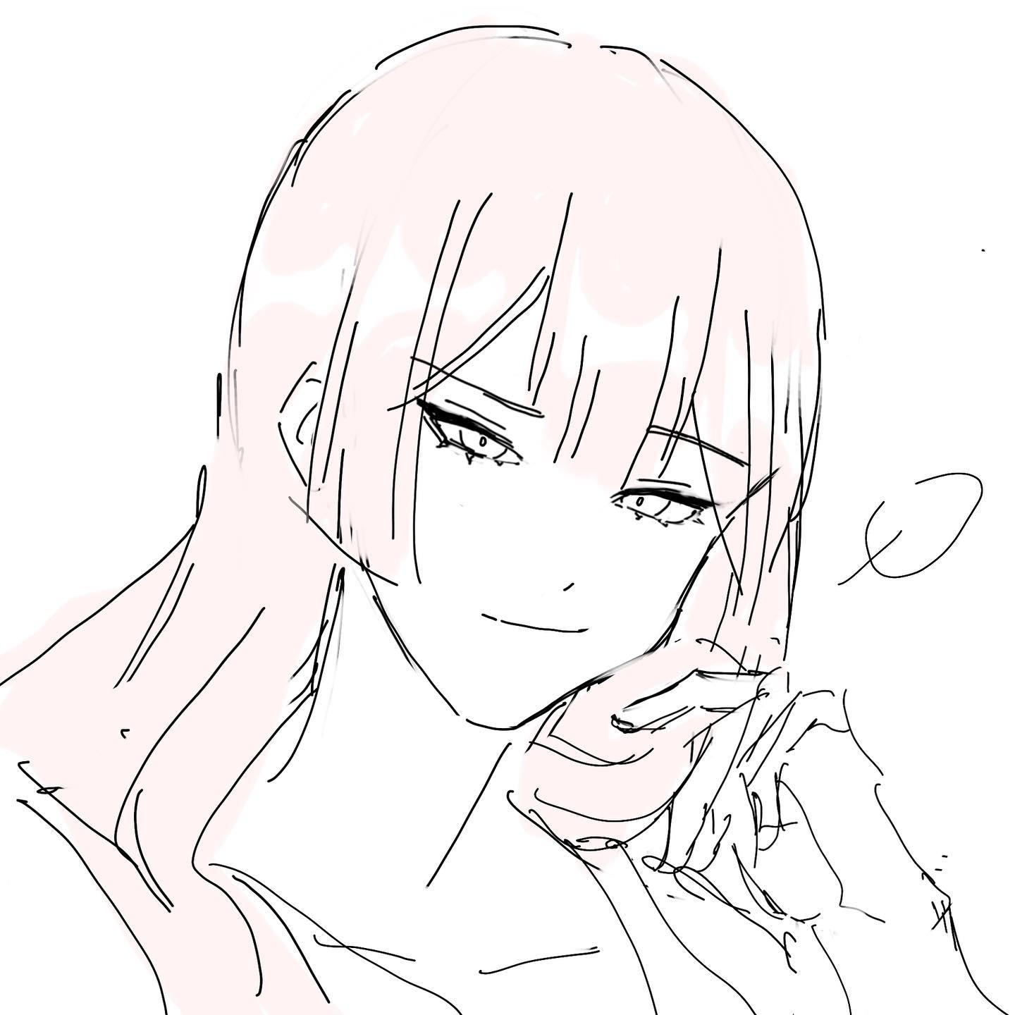 this is a sketch of an anime girl with long pink hair. she is looking to the side with a hand on her chin and a thoughtful look on her face. the drawing is done in a simple style, but the girl's expression is very expressive. the overall image is cute and lovely.