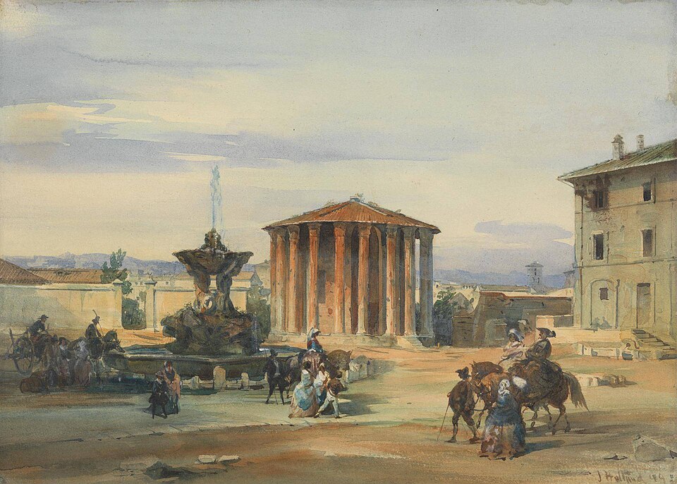 this watercolor painting depicts a bustling scene in rome, italy, likely in the 19th century. dominating the composition is the temple of vesta, a round structure with prominent columns. a large fountain with a plume of water stands to its left. people, some on horseback and in carriages, populate the plaza. a building is located to the right of the temple. the sky is cloudy, and the artwork, created by j. holland, is a watercolor on paper.