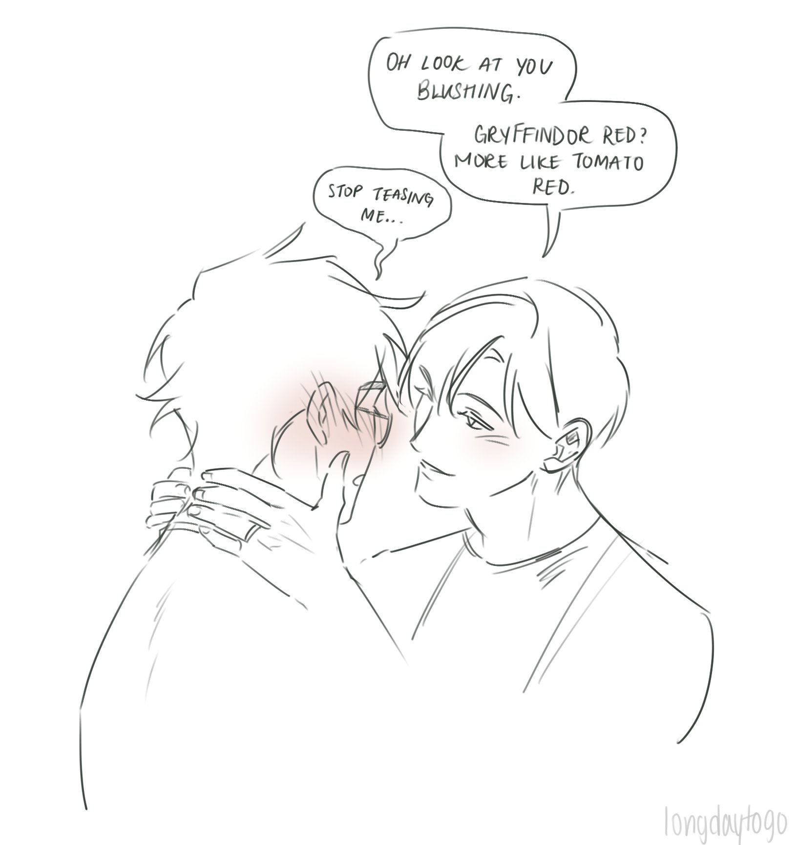 the image is a lighthearted fanart sketch depicting two boys in a tender moment. one boy is blushing deeply, his cheeks flushed a tomatored, while the other gently strokes his cheek and playfully teases him about his blush. the style is reminiscent of manga or anime, featuring soft lines and a chibilike aesthetic. speech bubbles indicate lighthearted banter.  the reference to gryffindor and "tomato red" adds a fun detail. the overall feeling is one of affection and playful romance.
