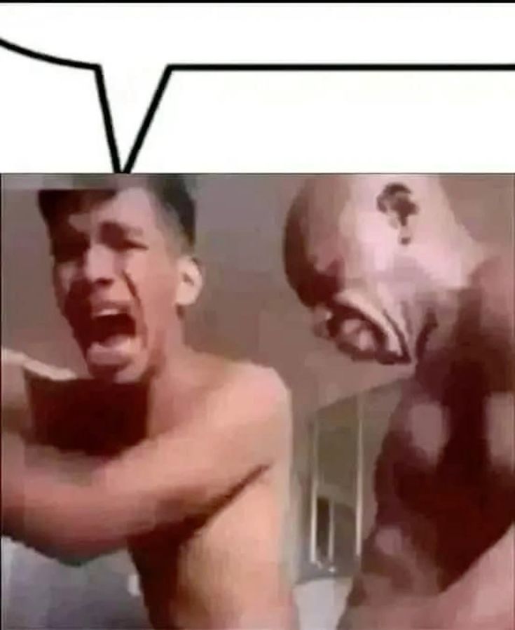 a man with white hair is screaming while being held down by a black man. the white man looks terrified and is holding his hands up. the black man has a furious look on his face.