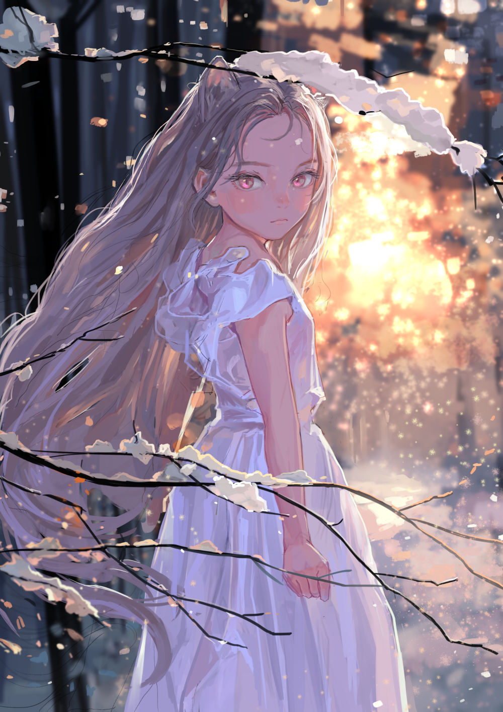 an animestyle illustration of a young girl in a white dress standing in a snowy, wintery scene. the girl has long, flowing hair and pink eyes. she is partially obscured by snowcovered branches in the foreground. a bright light source behind her illuminates the scene, creating a warm glow against the cool tones of the winter landscape.