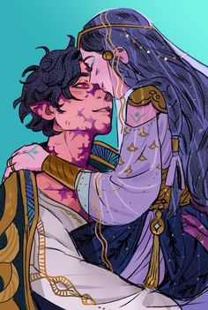 a digital illustration of a man and woman embracing. the man has dark hair and purple skin with gold markings. he is wearing white and gold robes. the woman has long, dark hair with silver streaks and is wearing a long, flowing purple and gold dress. the background is a teal blue. the couple is shown in a closeup, emphasizing their intimacy. the overall style is romantic and suggestive of a fantasy setting.