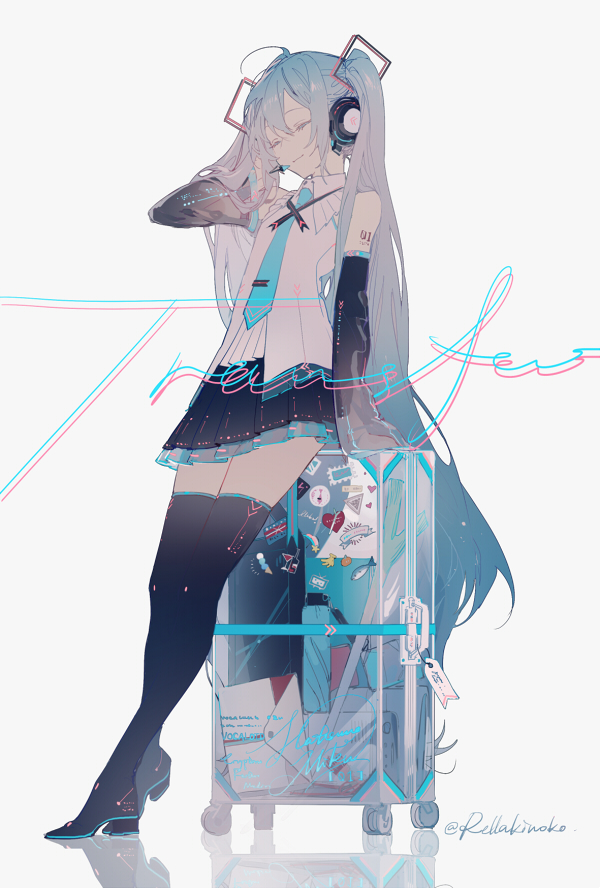 the image shows a fullbody illustration of hatsune miku, an animestyle character, standing beside a suitcase. she has long, light blue hair styled in twin tails with square hair accessories. she is wearing headphones around her neck and is dressed in a white and black dress with a blue tie. she has thighhigh black boots. her eyes are closed and one hand is raised towards her head. she's standing next to a clear suitcase with stickers on it, and the suitcase is filled with various items. the artwork features digital art style with signature in the bottom right corner. pink and blue wavy lines add a decorative element to the scene.