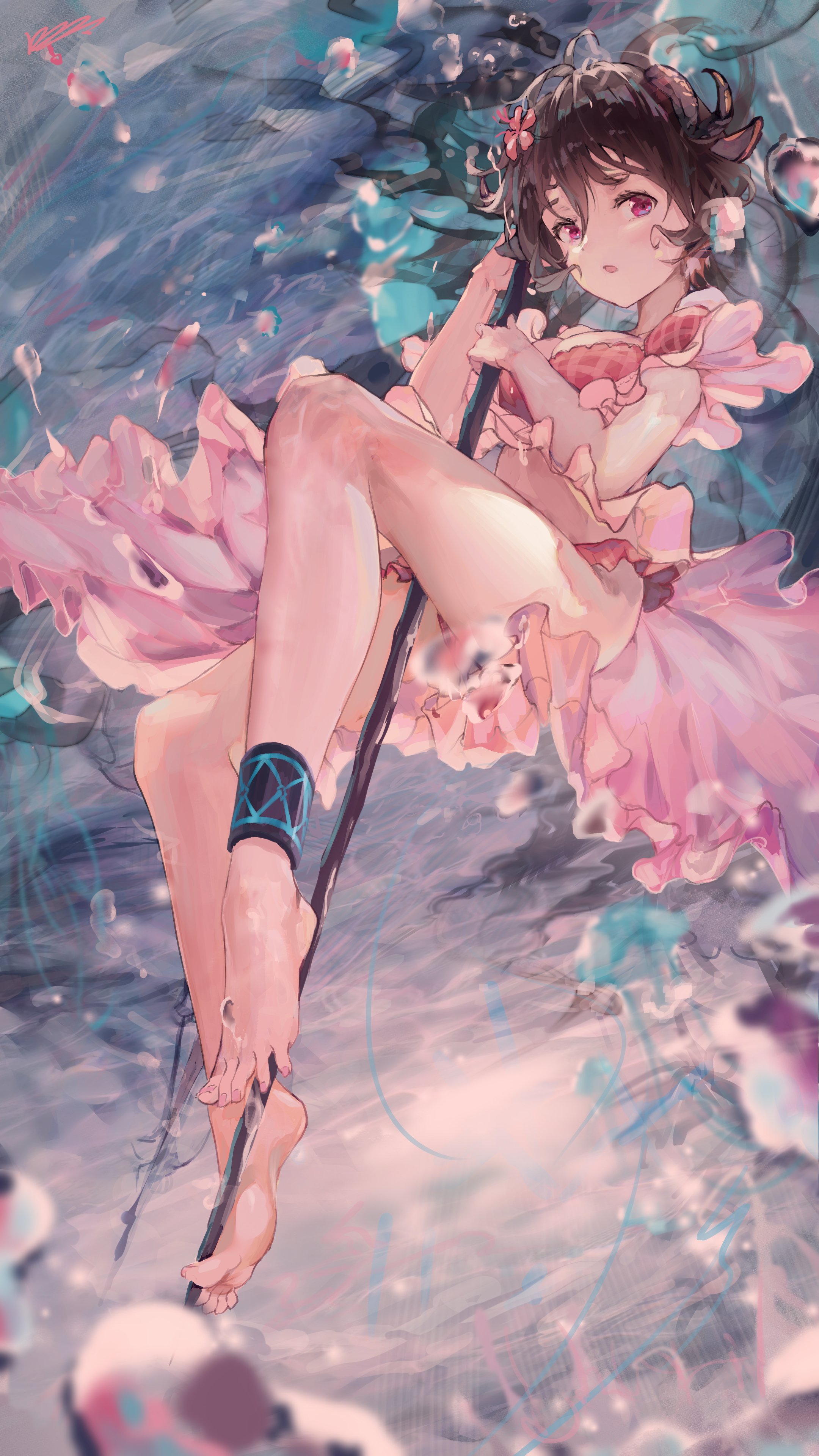 he image is a digital painting or illustration of a young anime girl. she has long brown hair with hints of purple,  pinkish skin, and is wearing a light pink, flowing dress. she is sitting with her legs dangling down, barefoot.  she's holding what appears to be a dark pole or staff. the background is a hazy mix of blues and purples, with what looks like floating petals or flowers. the overall style is soft, dreamy, and slightly ethereal.  the artwork has a painterly quality with soft brushstrokes and muted colors. the girl's expression is serene, and the image evokes a feeling of fantasy or magic.