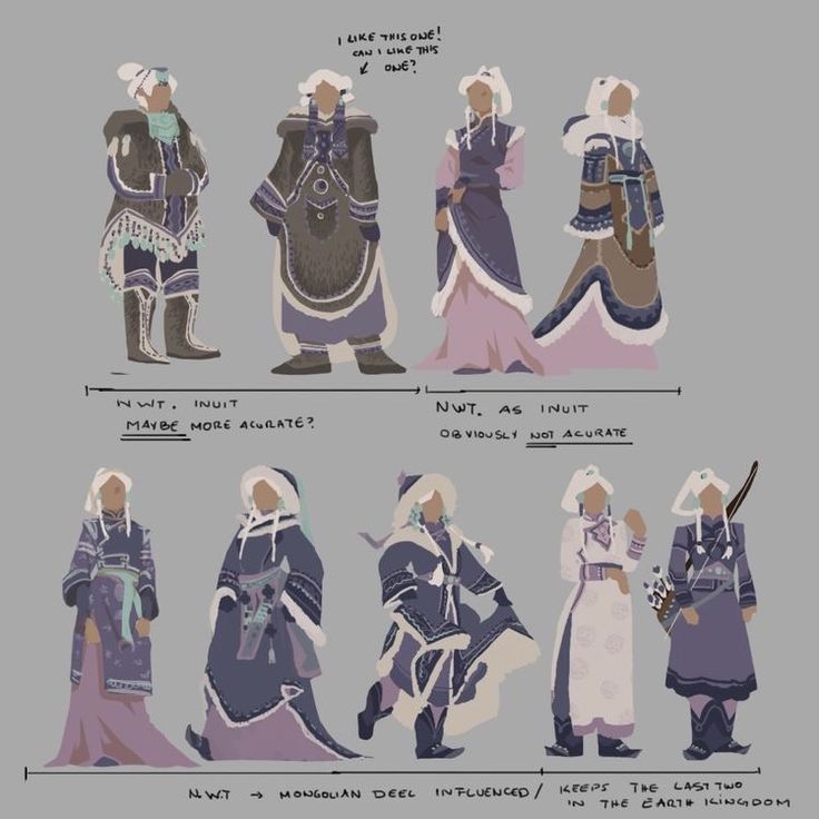 this image is a concept art piece for a fantasy costume design. it features multiple variations of a character wearing different styles of clothing. the artwork is broken up into two sections, each labeled. the first section is titled "nwt, inuit, maybe more accurate?" and shows four characters in different versions of clothing. the second section is titled "nwt as inuit, obviously not accurate" and shows another four characters wearing different clothing options. these clothing styles are inspired by inuit and mongolian clothing. the artist is attempting to show their design process with the different variations of clothing, and which direction they prefer.