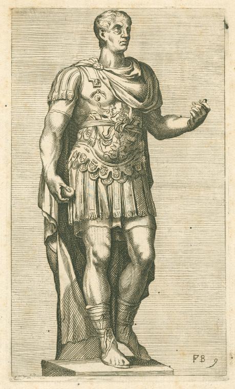 an engraving of a standing roman statue of a man in armor and a toga. he is standing on a base and holding something small in his right hand.