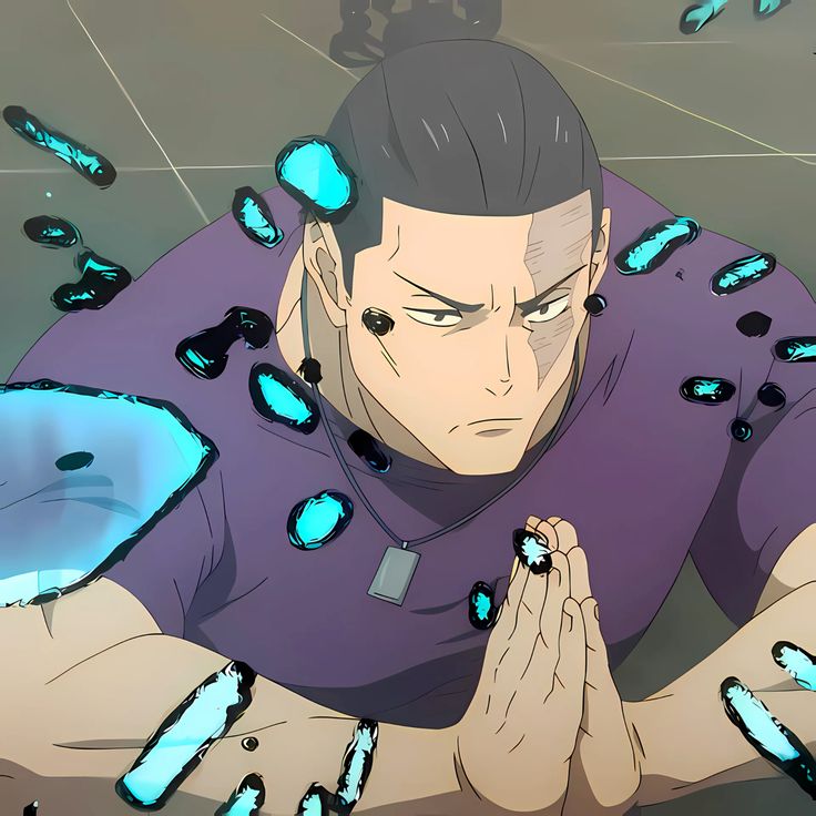 a muscular man with his hair tied back is depicted in a moment of intense concentration, possibly prayer. he wears a purple tshirt and a dog tag around his neck, hinting at a military background.  around him, shards of a translucent, cyanblue material hover in midair. the scene suggests he's in the midst of unleashing a powerful ability or experiencing a surge of energy.  the setting appears to be indoors with artificial lighting.