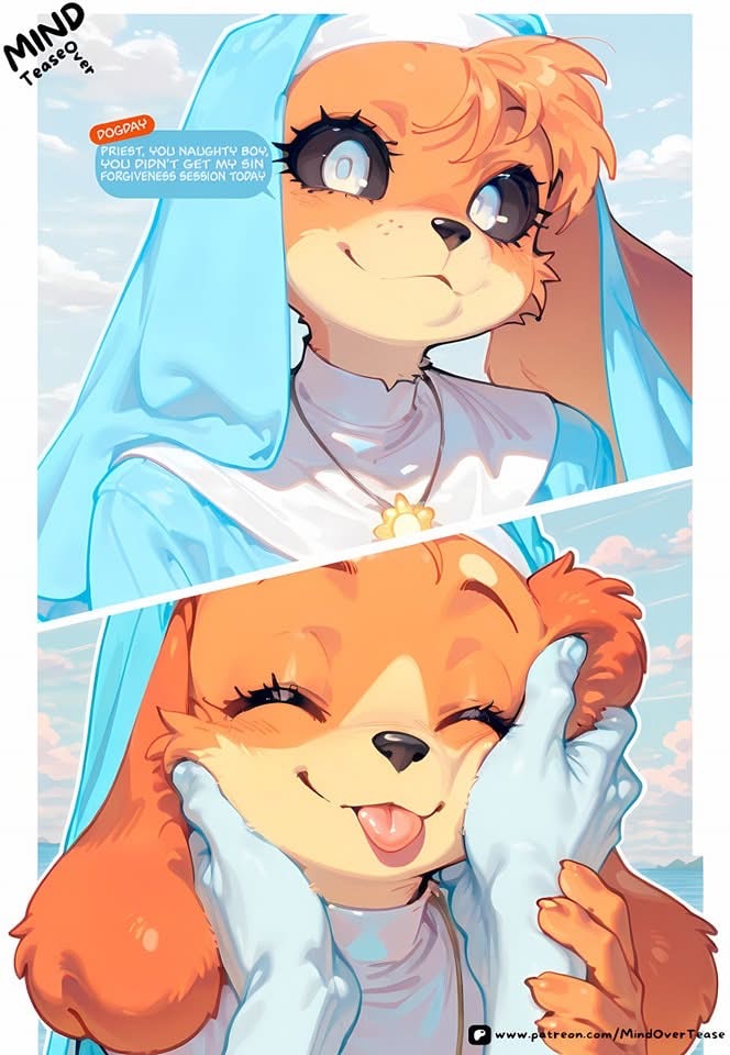 the image is a digital artwork featuring two anthropomorphic foxes.  the top panel shows a fox dressed as a nun, with a slightly stern expression, holding a thought bubble that implies a playful reprimand. the bottom panel depicts the same fox, but this time with a sweeter and more submissive expression, being playfully caressed on the cheeks by hands not fully visible.  the art style is soft, pastelcolored, and has a cute and suggestive vibe. the overall tone suggests a lighthearted and possibly humorous narrative. the artist's patreon is displayed in the bottom right corner.