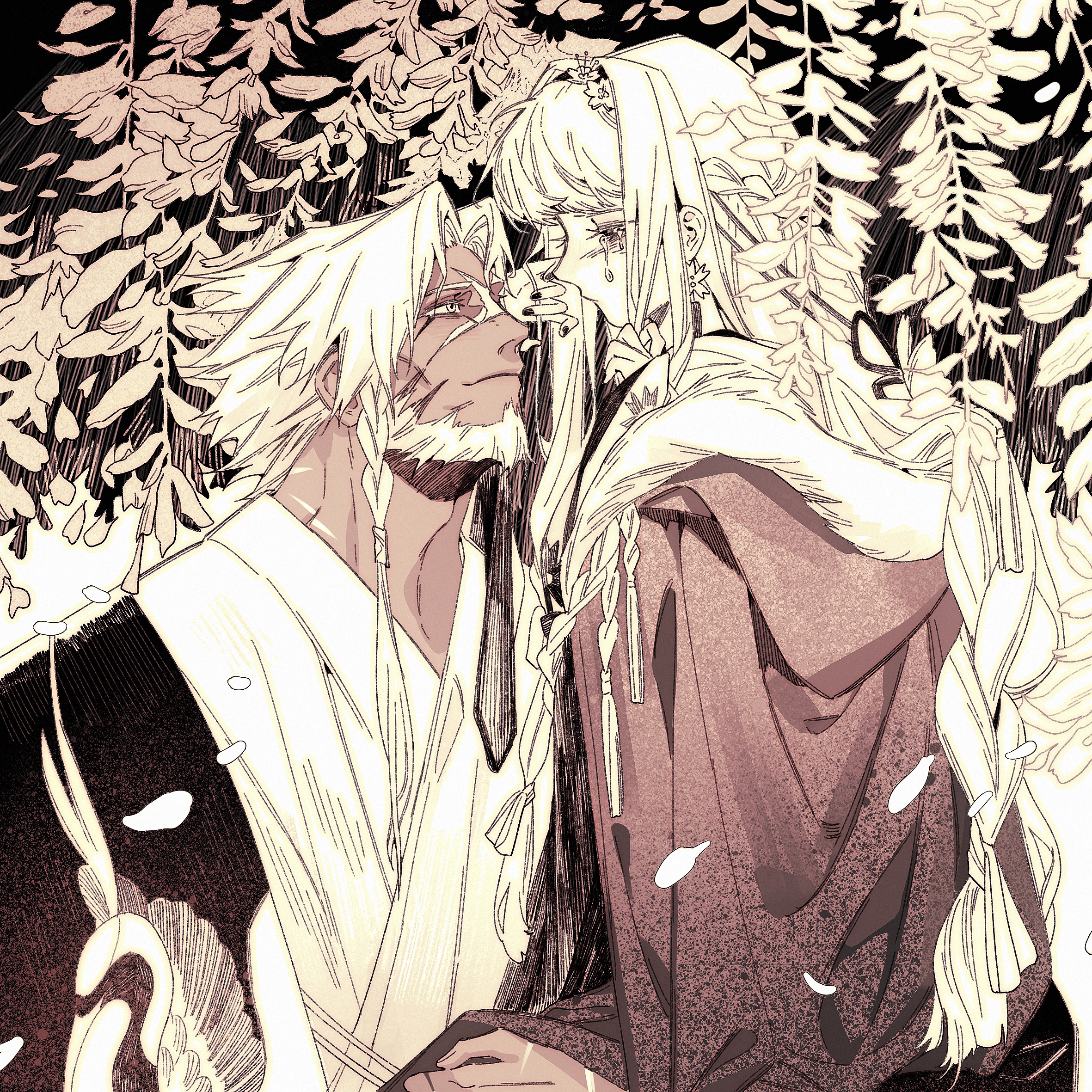 the image depicts an anime couple, a man and a woman, embracing each other. the man is tall and has long white hair, while the woman is shorter and has long white hair. they both wear traditional japanese clothing, a kimono. the man’s kimono is white and the woman’s is beige with pink accents. the woman is crying. she has a hand on the man’s face and he looks down at her with a concerned expression. the background is a blur of white and pink petals, and they are surrounded by delicate pink flowers that look like wisteria. the lighting is soft and gentle. the overall impression is one of sadness, but also of love and comfort. it may be interpreted as a sad farewell or a moment of grief and loss. the artwork is highly detailed and beautifully rendered, capturing the emotions of the characters and the atmosphere of the scene.