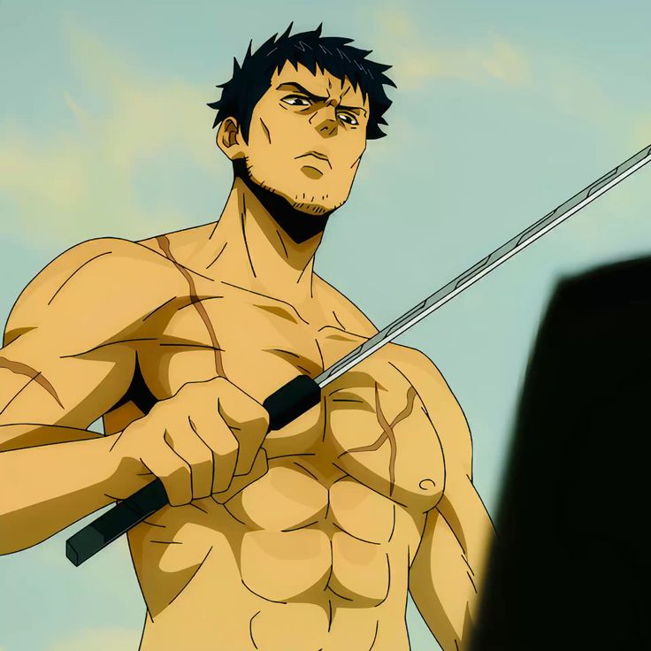 a shirtless and very muscular man with scars grips a sword. he appears to be in the middle of a fight, and staring down at his opponent, who is out of frame.