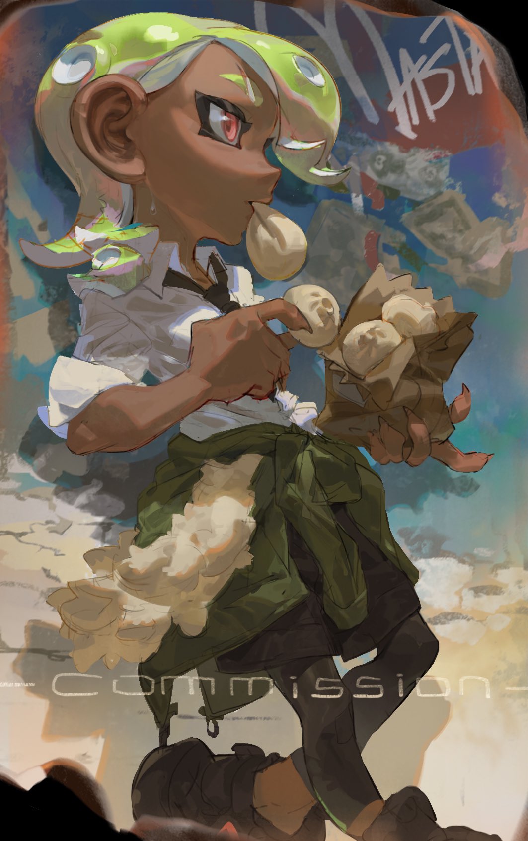 this is a digital illustration of a female inkling character from the video game splatoon. the character is dressed in a white shirt, a green jacket, green pants, and black shoes. she has green hair and brown eyes. she is eating a snack from a cardboard box. in the background, there are blue, orange, red, white and grey clouds, with the sky being blue.