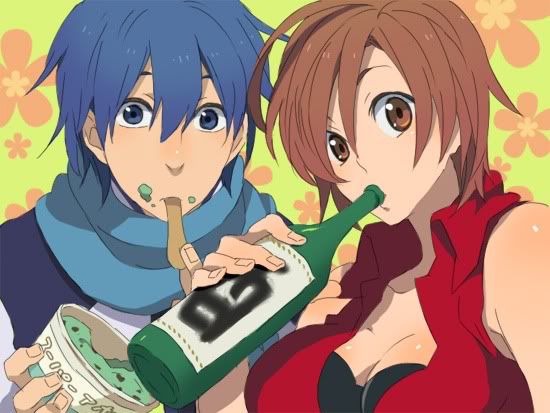 he image is an animestyle drawing of a boy and a girl.  the boy has bright blue hair and is wearing a teal scarf. he's eating ice cream and seems to be drinking from a bottle with a black label. the girl has reddishbrown hair, is wearing a red sleeveless shirt, and is also drinking from the same bottle. they're both positioned closely together, suggesting a friendly or romantic relationship. the background is a light yellowgreen with stylized orange flowers. the overall style is lighthearted and fun.