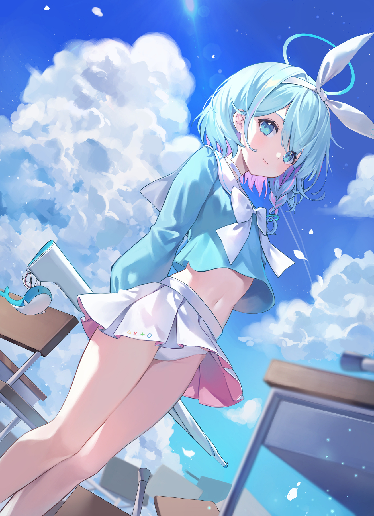 the image is a vibrant digital illustration featuring a cute anime girl with short, light blue hair and a playful expression. she's wearing a light blue, sailorstyle top paired with a white pleated miniskirt and white panties. a white ribbon, resembling angel wings, adorns her head. the overall style is pastel and cheerful.  the girl is positioned at an upward angle against a backdrop of a bright blue sky dotted with fluffy white clouds.  she's holding what appears to be a long, white object resembling a parasol or a longhandled toy. in the foreground, blurry school desks are visible, suggesting an outdoor school setting. the overall atmosphere is lighthearted and summery.