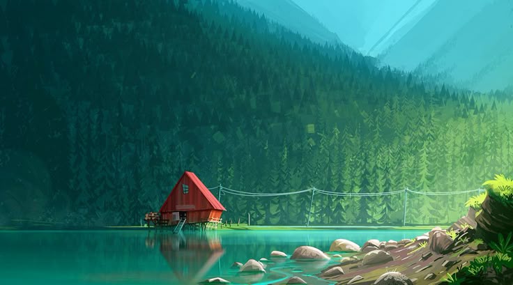 the image is a digital artwork depicting a serene landscape featuring a red cabin on stilts beside a lake. the cabin's reflection is visible on the turquoise water surface, which is also dotted with rocks near the shore. a dense forest of pine trees rises behind the cabin, leading to misty mountains in the background. the sky is a clear blue, adding to the calm and peaceful atmosphere of the scene.