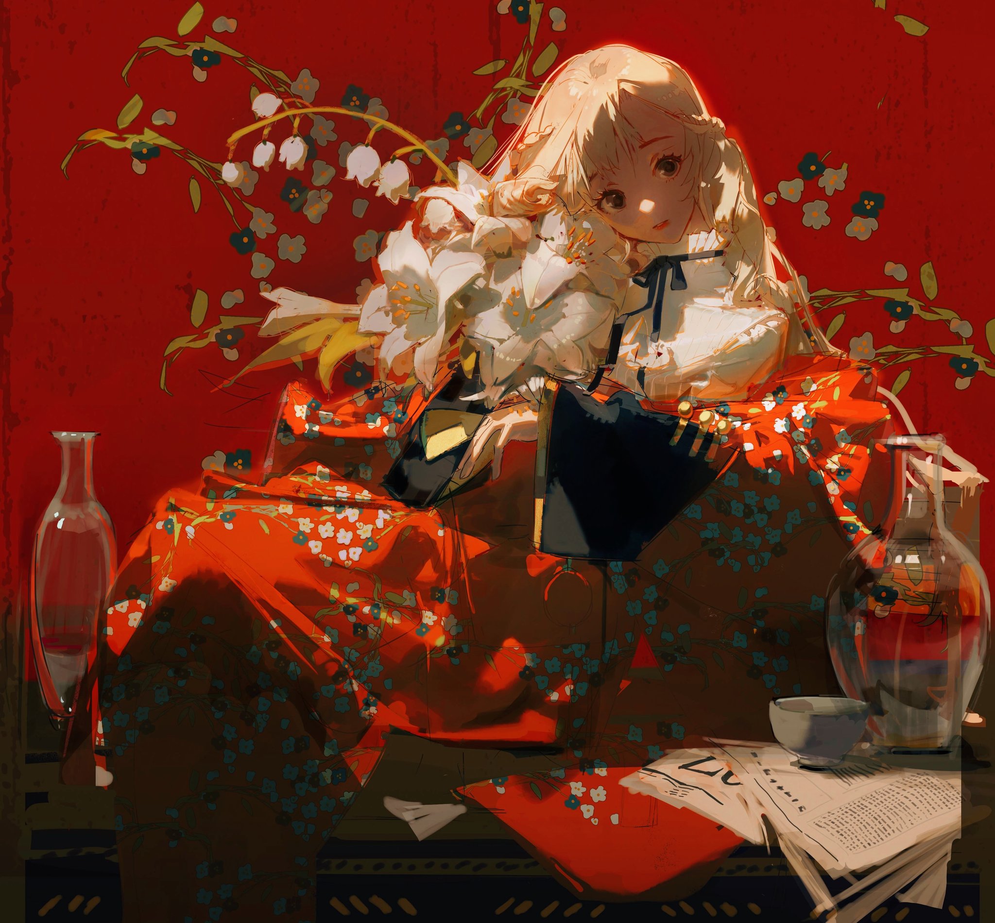 an anime girl with long blonde hair is sitting on a red couch holding white flowers. there is a red vase and a blue vase on the table in front of her, and a book next to the vase. the background is a red wall with a floral pattern. the image is a beautiful and elegant portrait of an anime girl.