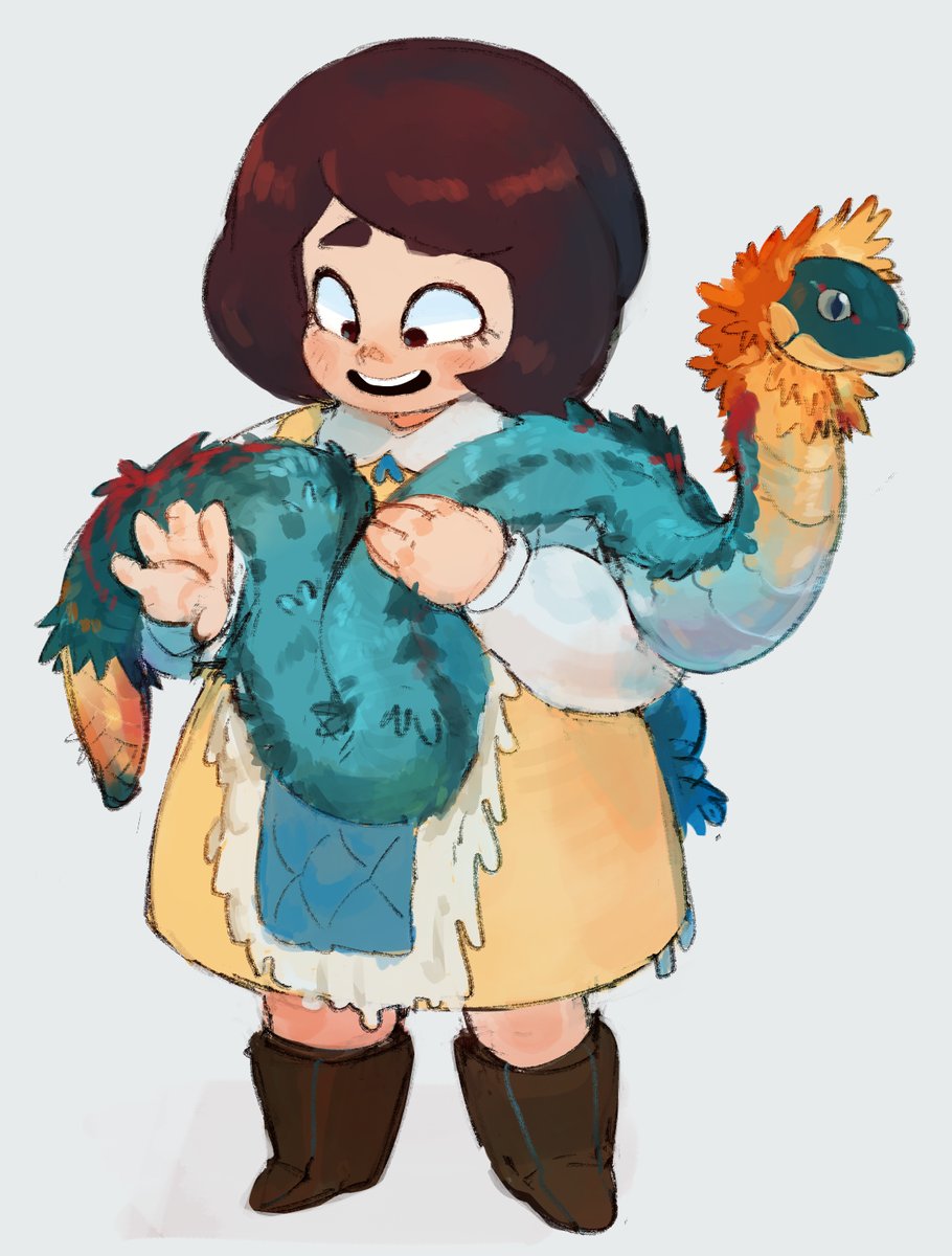 a cartoon girl with brown hair and a yellow dress is happily holding a teal and orange dragonlike creature. she has a big smile on her face and is looking directly at the viewer.