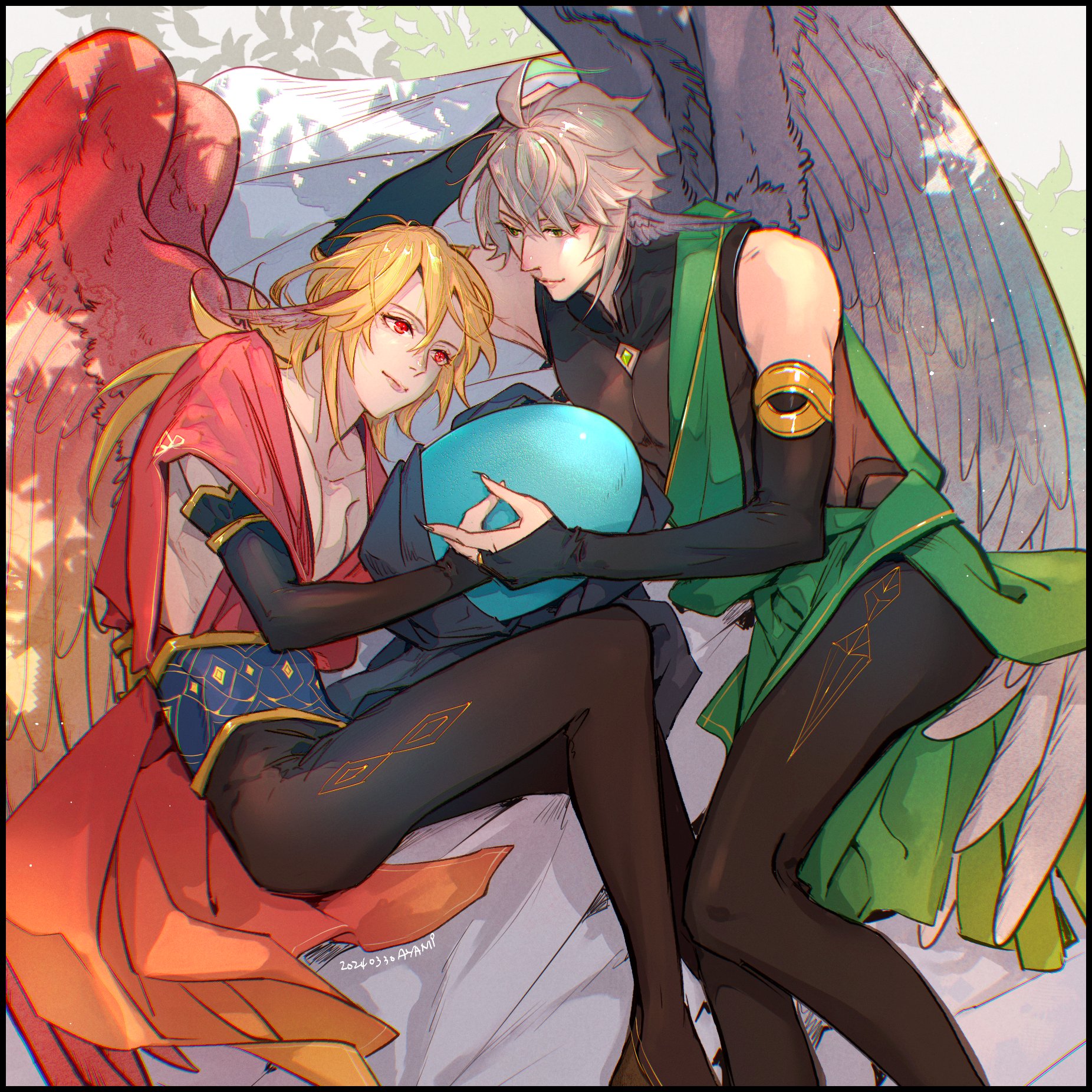 the image is a digital illustration depicting two anime boys with wings. they are cuddling and hugging each other with affectionate looks on their faces. one boy is dressed in red and gold clothing and has red wings, while the other is dressed in green and black clothing and has grey wings.  the background is a soft blur of green, suggesting they are outside. this image is a perfect example of cute and tender romantic art, showcasing the beauty of  love and companionship.