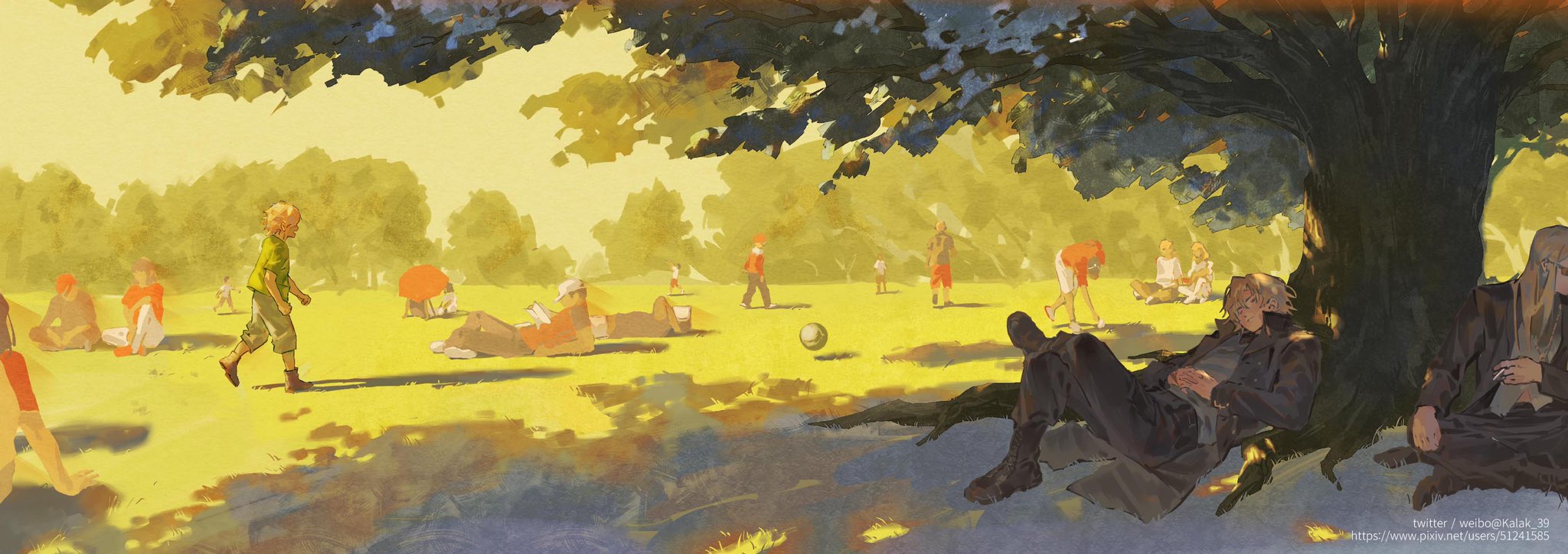 the image depicts a sunny day in a park, bathed in golden sunlight. numerous people, both adults and children, are enjoying various leisure activities. some are playing soccer, others are relaxing or chatting under the shade of a large, sprawling tree, while a few lie on the grass soaking up the sun. the scene evokes a sense of peace, community, and simple joys of a summer day. the warm, inviting palette further enhances the atmosphere of warmth and happiness.