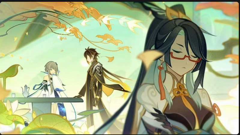 this image is from the popular video game "genshin impact". it shows three popular characters from the game: ganyu, xiao, and hu tao, in a whimsical setting with beautiful, intricate patterns. ganyu appears to be in the foreground, gazing down at the other two, while xiao and hu tao are in the background, interacting with each other. the image conveys a sense of serenity and tranquility, with the characters looking calm and composed. the use of soft colors and delicate details adds to the overall aesthetic appeal of the image.