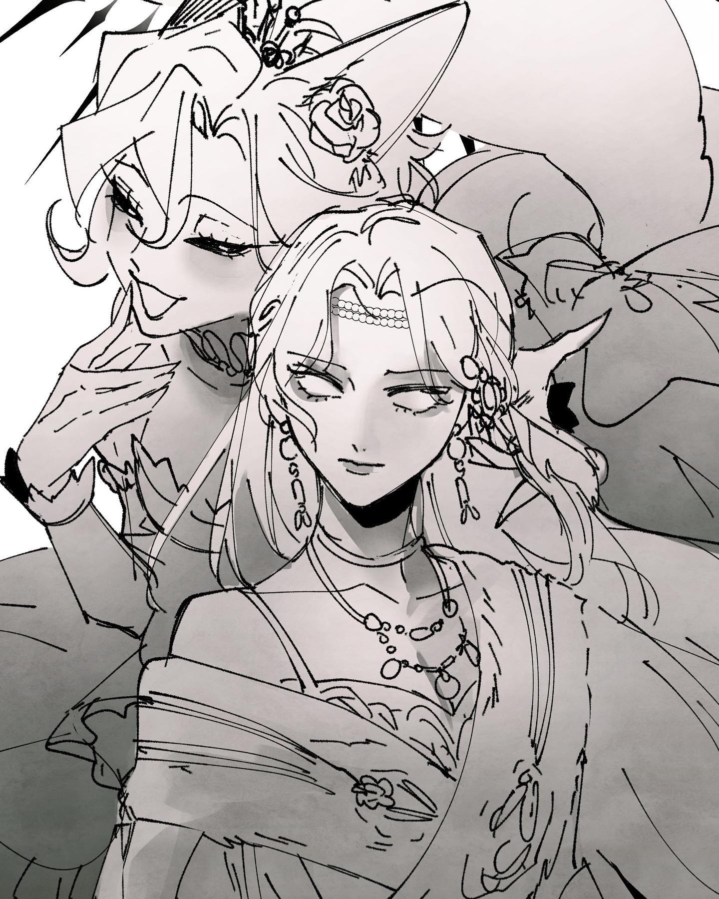 the image is a detailed black and white sketch or drawing, possibly from an anime or manga style, depicting two women in elaborate clothing.  they appear close together, perhaps embracing or in a moment of intimacy.  the women have long hair, ornate jewelry (necklaces and earrings), and elegant, flowing clothing. the overall style is dark, elegant, and slightly mysterious, with a hint of fantasy or gothic influence. the details in the clothing and the expressive eyes of the women are prominent features. the style suggests a focus on fashion and character design.