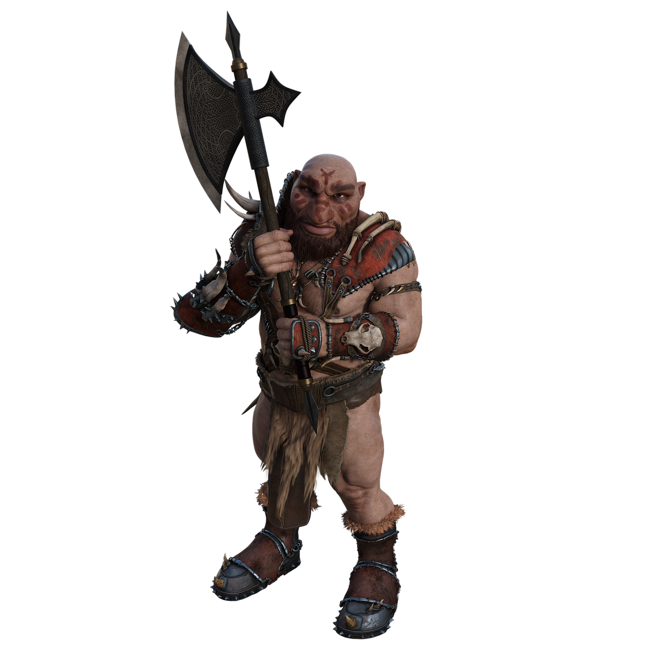 an ogre stands holding a large axe. the ogre is wearing armor, including a skull on his arm, and he also has boots on.