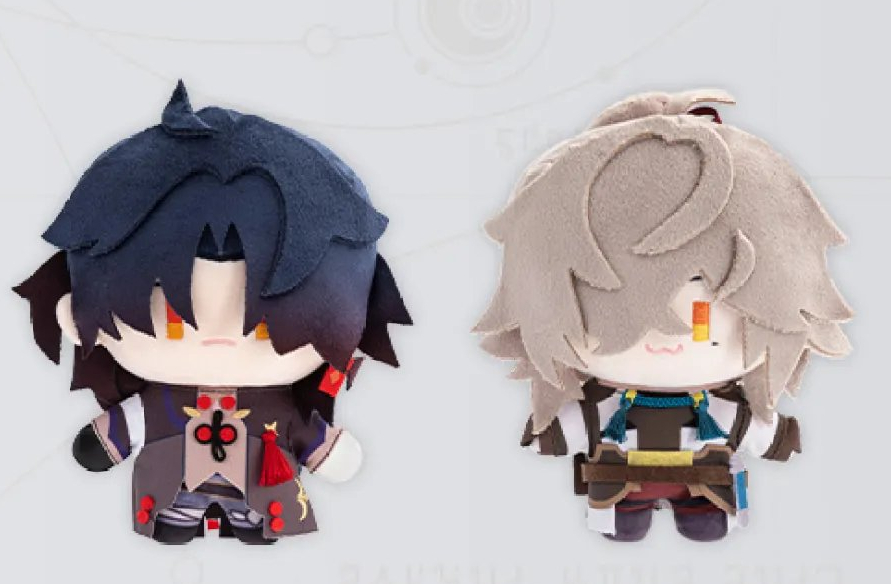 a plush toy of xiao and venti, two characters from the popular game genshin impact. xiao, the yaksha, is dressed in his signature outfit and holds a polearm. venti, the bard, is wearing his anemo archon robes and holds a lyre. both plush toys are in a sitting position with big eyes and cute smiles.  the background is a simple white gradient.