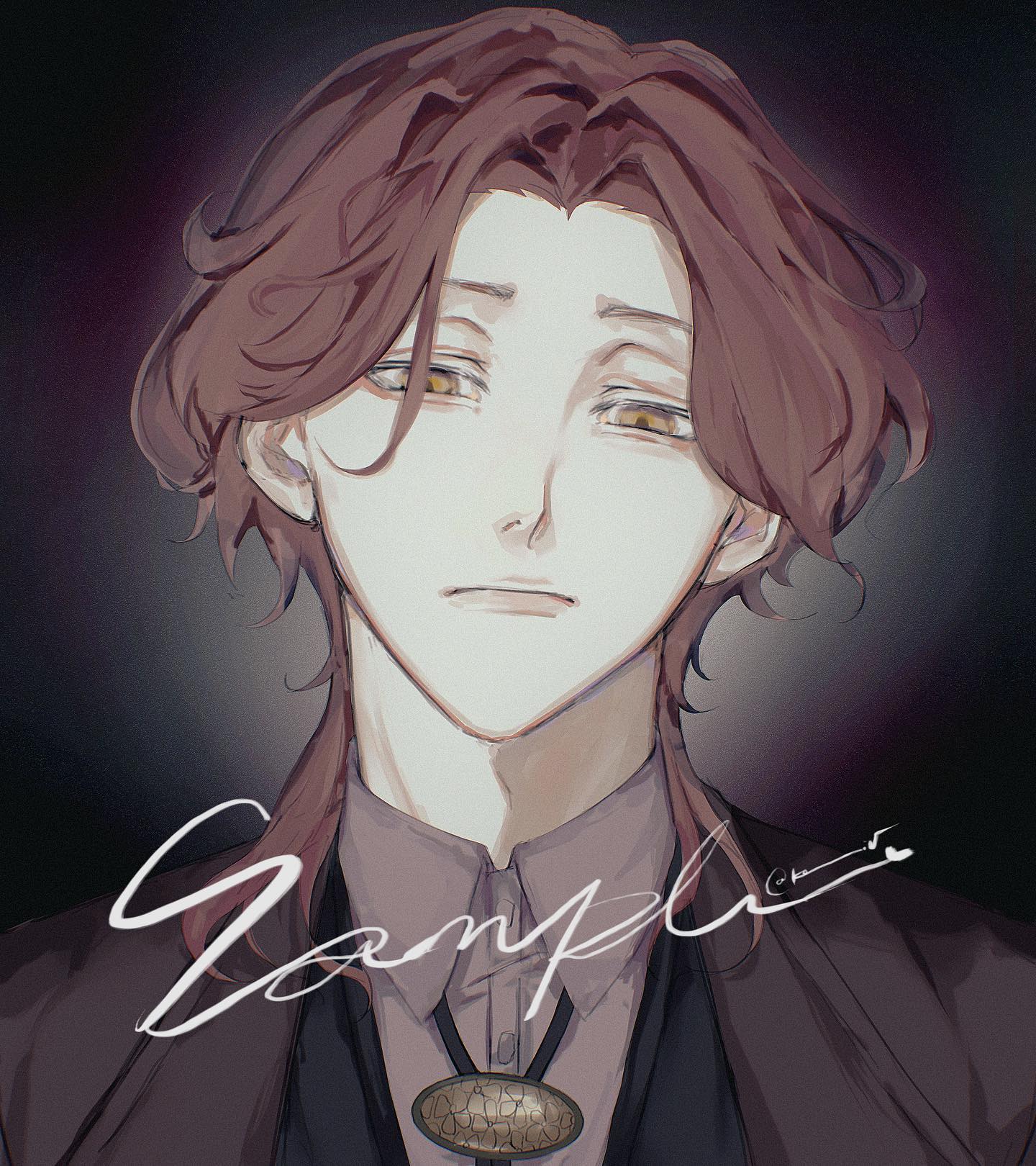 a digital illustration of a young man with brown hair and golden eyes, styled in a semirealistic anime aesthetic. he has a melancholic expression and is set against a dark background, with a soft light source illuminating his face. he wears a dark brown shirt and a pendant necklace. the word "sample" is written across the bottom of the image.