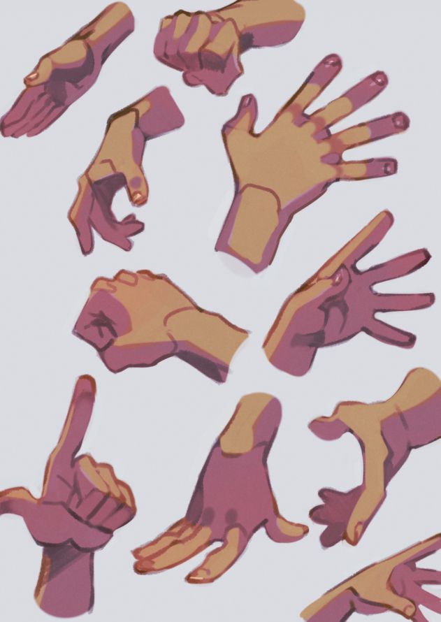 this image contains a drawing of multiple hands in different poses. the hands are drawn in a cartoonish style and are a good example of hand anatomy. the hands are all in different poses and show the various ways that hands can be drawn.