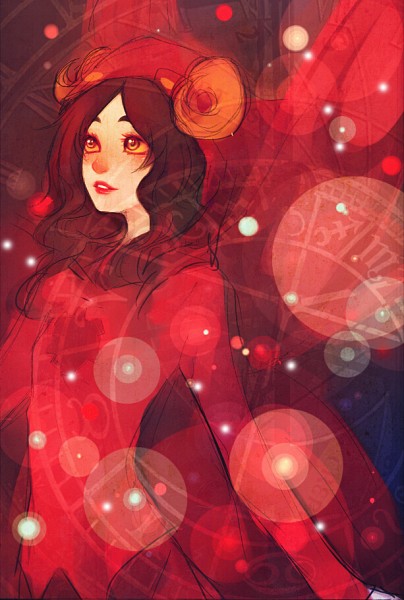 the image is a digital illustration of a female character with dark hair and golden horns. the character is depicted in a portrait style, gazing upwards. the artwork utilizes a primarily red color palette. in the background and layered over the character are various circular shapes, some with zodiac and astrological symbols. there are also glowing orbs scattered throughout the image, adding to the fantastical and mystical atmosphere. the character wears a red dress and cape. the style is akin to digital painting, emphasizing mood and rendering in its execution.