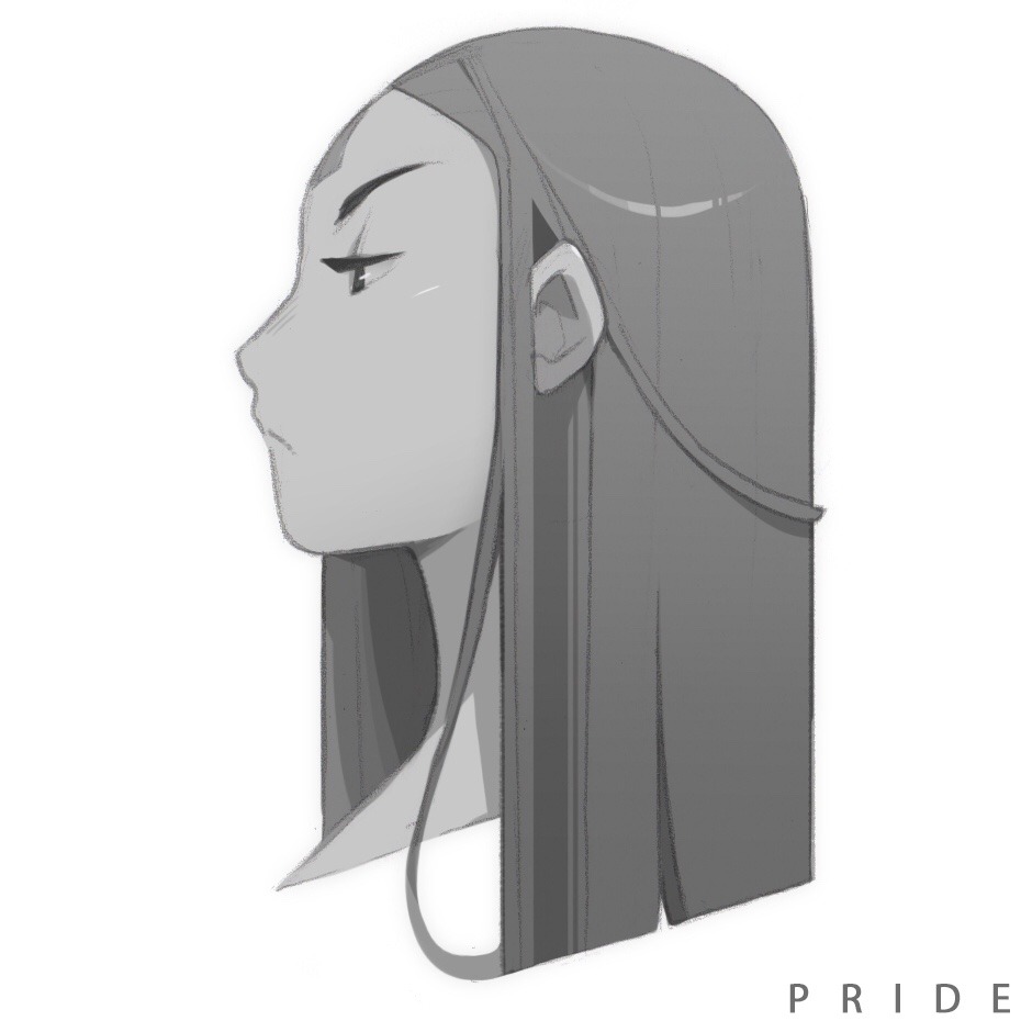a stylized, grayscale digital sketch showcases the profile of a young woman with long, straight hair. the art style is minimalist, focusing on shape and form with subtle shading. the woman’s expression is neutral, her gaze directed offcanvas. the background is a pure white, isolating the subject and drawing attention to the clean lines of the portrait.