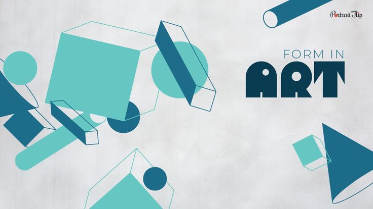 an abstract design features overlapping geometric shapes in blue and teal against a white background. there is a teal cube at the top left, and a teal cone at the bottom right.  the text "form in art" is written in bold blue lettering at the top of the image.  the design evokes a sense of motion and playful simplicity.