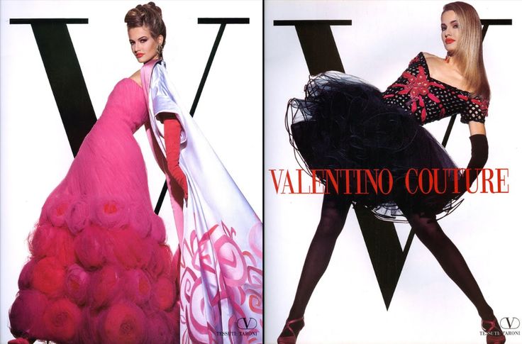 twopage valentino couture advertising campaign featuring a model in a pink dress and a model in a black dress against a white backdrop with a large black "v" behind each. the left side features a model in a voluminous pink gown and long red gloves. the right side features a model in a short black dress with a full skirt, black stockings, and black gloves. the valentino couture logo is displayed in red on the right side.
