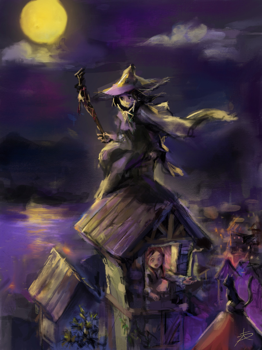 a young witch, clad in a dark robe and a pointed hat, is perched precariously on the roof of a house.  she is flying on a broomstick, with a staff in hand.  the scene is set at night under a full moon.  the witch's expression is serious and her eyes are narrowed, suggesting she is on a mission of some kind.  in the background, a village with several buildings can be seen.  the overall mood of the image is dark, mysterious, and somewhat creepy.  the painting style is digital and has a painterly feel to it, with a strong use of color and light.