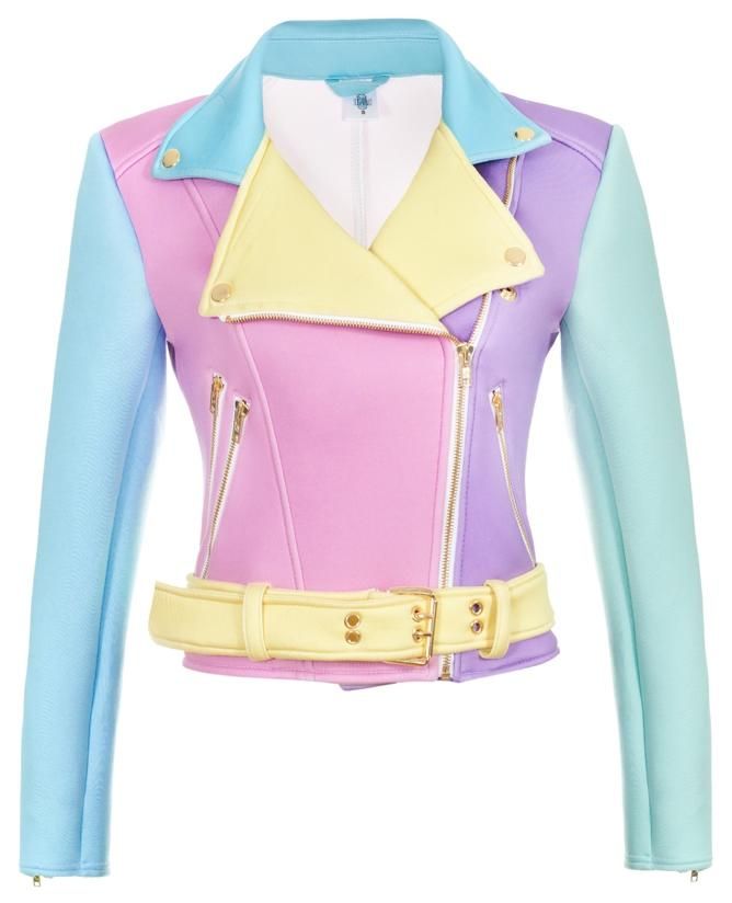 a brightly colored cropped moto jacket in pastel shades of blue, pink, purple, and yellow. the jacket has gold zippers and hardware, and a matching yellow belt. the sleeves are different shades of blue, and the collar is also blue. the lapels are yellow, while the body of the jacket features a vertical arrangement of pink and purple.