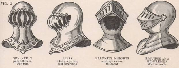 the image is a black and white illustration of four medieval helmets, each labeled with the rank of the person who would have worn it. from left to right, the helmets are: sovereign (gold, fullfaced, with bars), peers (silver, in profile, gold decoration), baronets, knights (steel, open visor, fullfaced), and esquires and gentlemen (steel, in profile).
