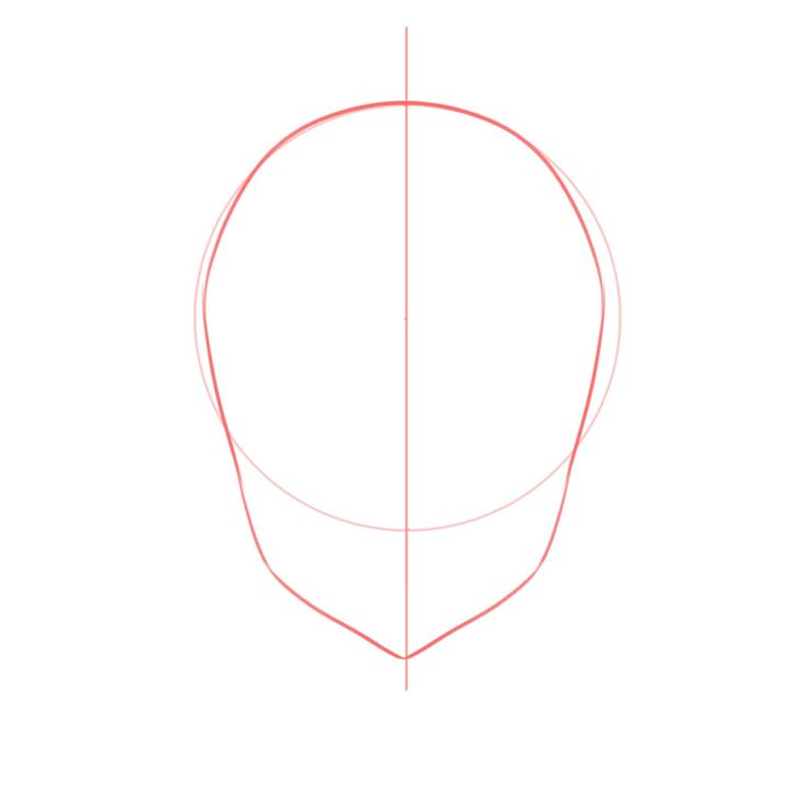 the image shows a basic outline sketch of an anime or mangastyle head. it's a simplified representation using a circle and guidelines to establish the basic shape and proportions of the head.  the lines are light red and appear to be a foundational step in a drawing tutorial. the sketch is symmetrical and focuses on the overall head form before adding any facial details.