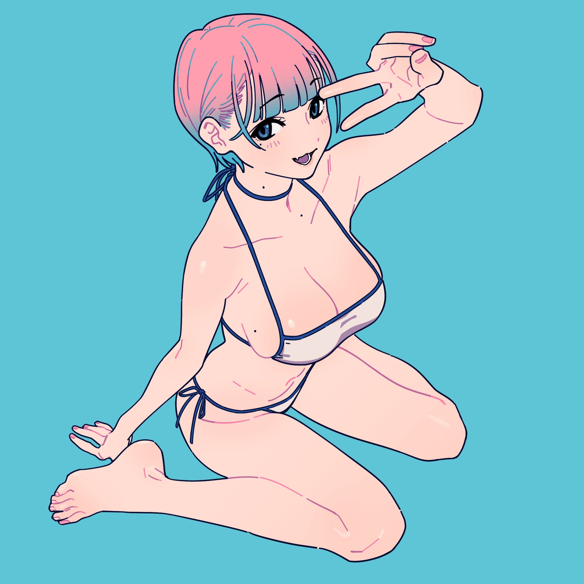 the image is a digital illustration of an animestyle woman with light pink hair and blue highlights. she is wearing a white bikini and is sitting with her legs slightly bent. she is making a peace sign with one hand. the background is light blue. the style is stylized and graphic, with clean lines and bold colors.