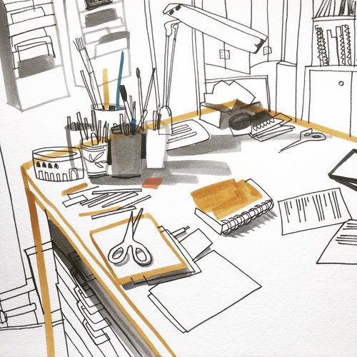 this is a line drawing of an artist's workspace. it depicts a desk with a variety of tools and supplies for art. there are pencils, paint brushes, scissors, a notebook, and some loose papers.