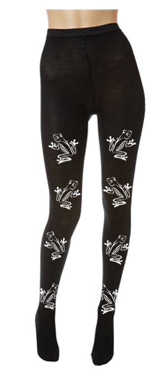 a pair of black tights with white frog patterns on the legs.