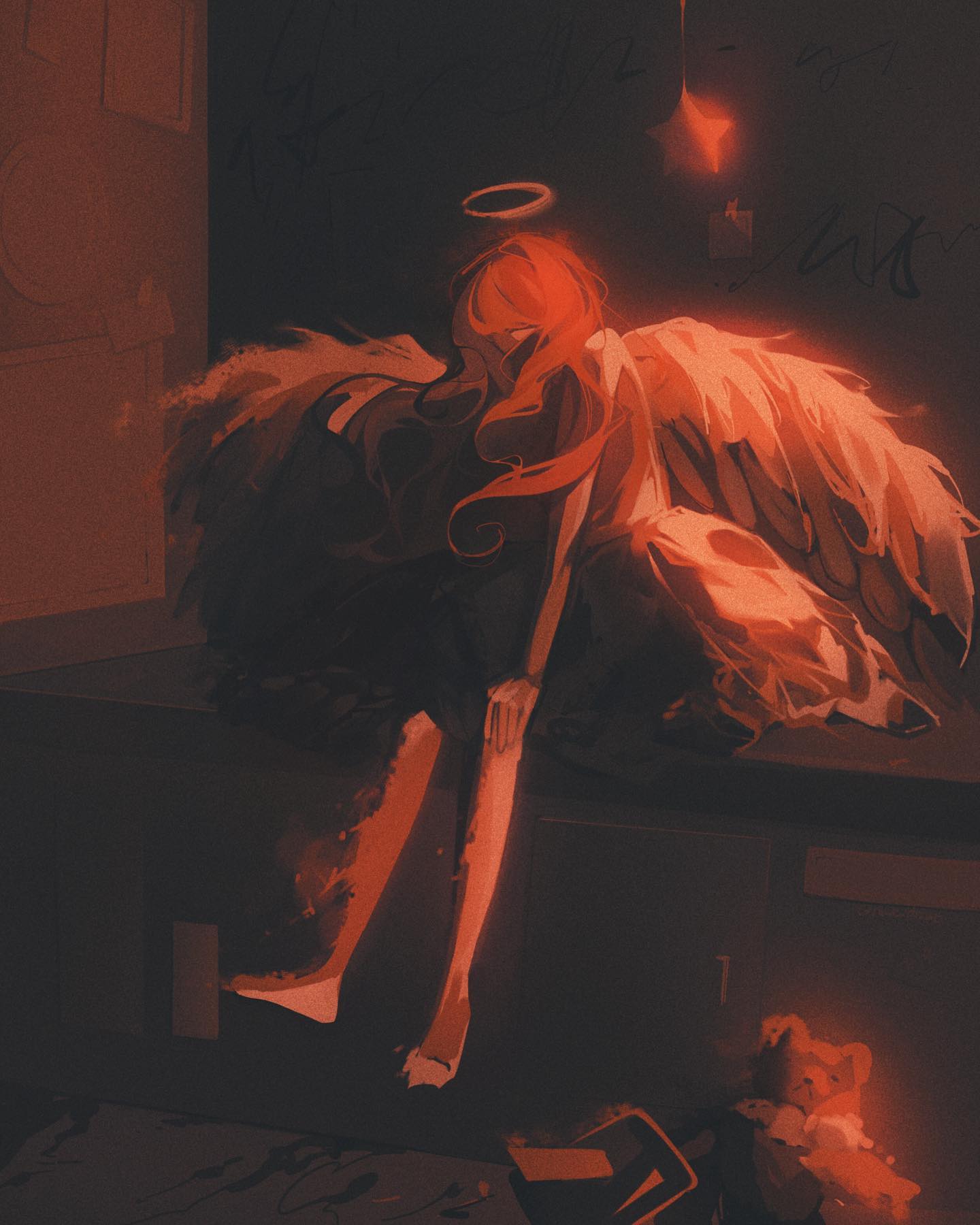 the image is a digital painting or illustration in a dark, moody style. it depicts a female figure with long red hair and large, feathery wings, suggesting an angel.  she wears a halo, yet the overall atmosphere is one of sadness and despair.  the figure is positioned in a dimly lit corner of what appears to be a room, sitting with her legs dangling down. the color palette is predominantly dark reds and oranges, creating a sense of warmth contrasted against the overall feeling of melancholy and isolation. the style is painterly and expressive, with a focus on atmosphere and emotion rather than precise detail. the background is blurry and suggestive, adding to the mysterious quality of the piece. the overall impression is one of a fallen angel or a figure struggling with inner turmoil.