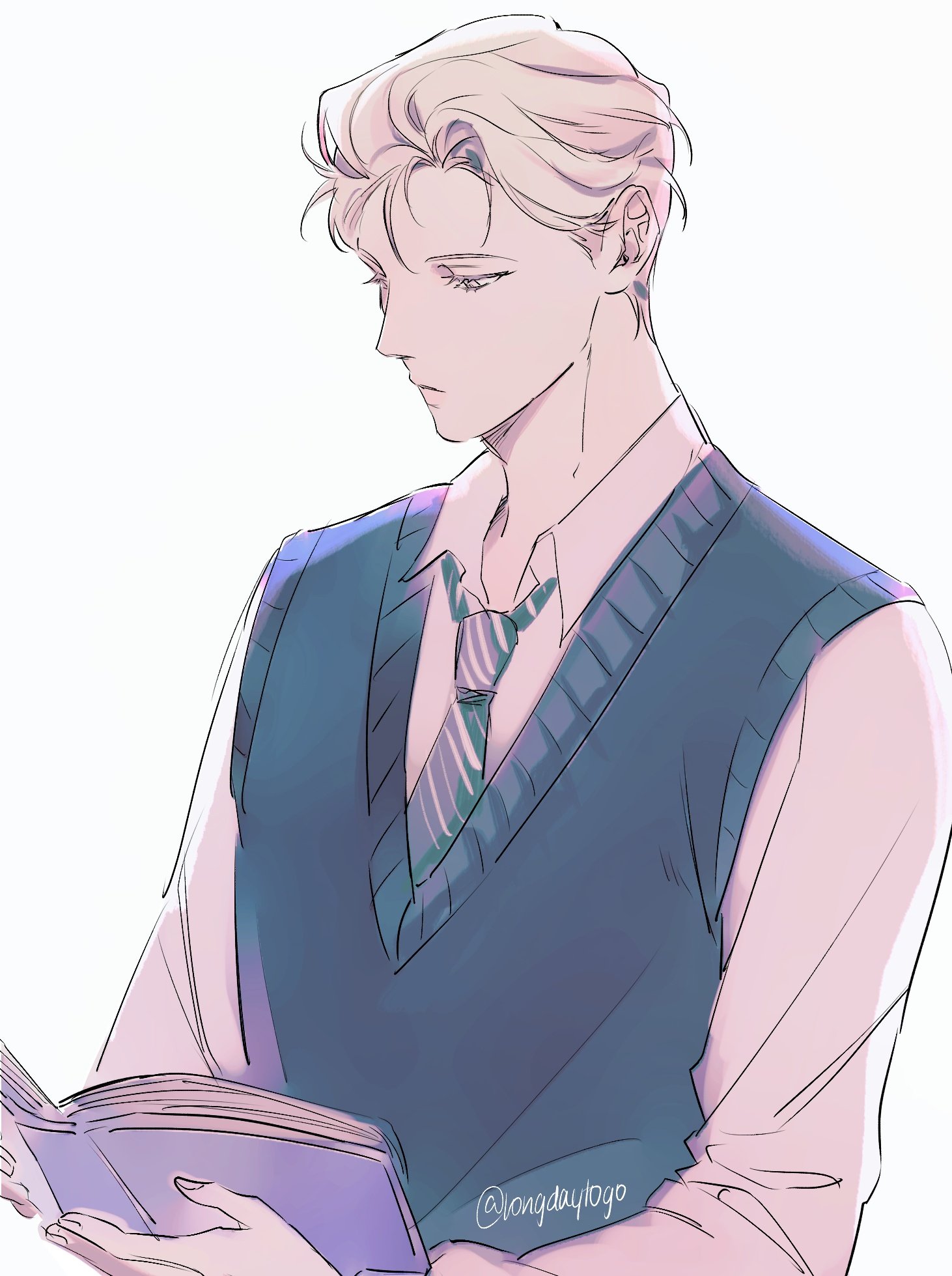 the image is a digital drawing of a young animestyle male character. he has blond hair styled neatly, and is wearing a school uniform consisting of a lightcolored longsleeved shirt, a dark blue vest with a ribbed neckline, and a green and white striped tie.  he is gently holding and reading a book. the style is soft and somewhat dreamy, with muted pastel colors and a focus on the character's pensive expression. the background is a simple, lightcolored wash. the overall aesthetic is elegant and calming.