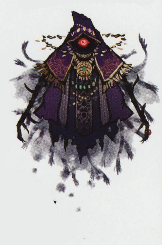 a black and white drawing of a mysterious, hooded creature with a single, glowing red eye. the creature is surrounded by shadows and appears to be floating. the drawing is in a style that is both ancient and ethereal. it evokes a sense of mystery and otherworldliness, as if the creature is a spirit or a creature from a different realm.