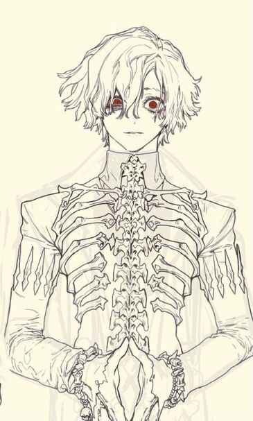 he image is a line drawing of an animestyle male character.  he has short, curly white hair and striking red eyes. he's wearing an ornate outfit featuring a prominent skeletal ribcage design across his chest and upper body, which is the most visually striking aspect of the image. his clothing looks elegant and almost gothic. the character has his hands clasped together in front of him, adorned with bracelets or cuffs. the style is highly detailed and emphasizes the character's features and the intricate design of the clothing. the overall mood is mysterious and somewhat dark.