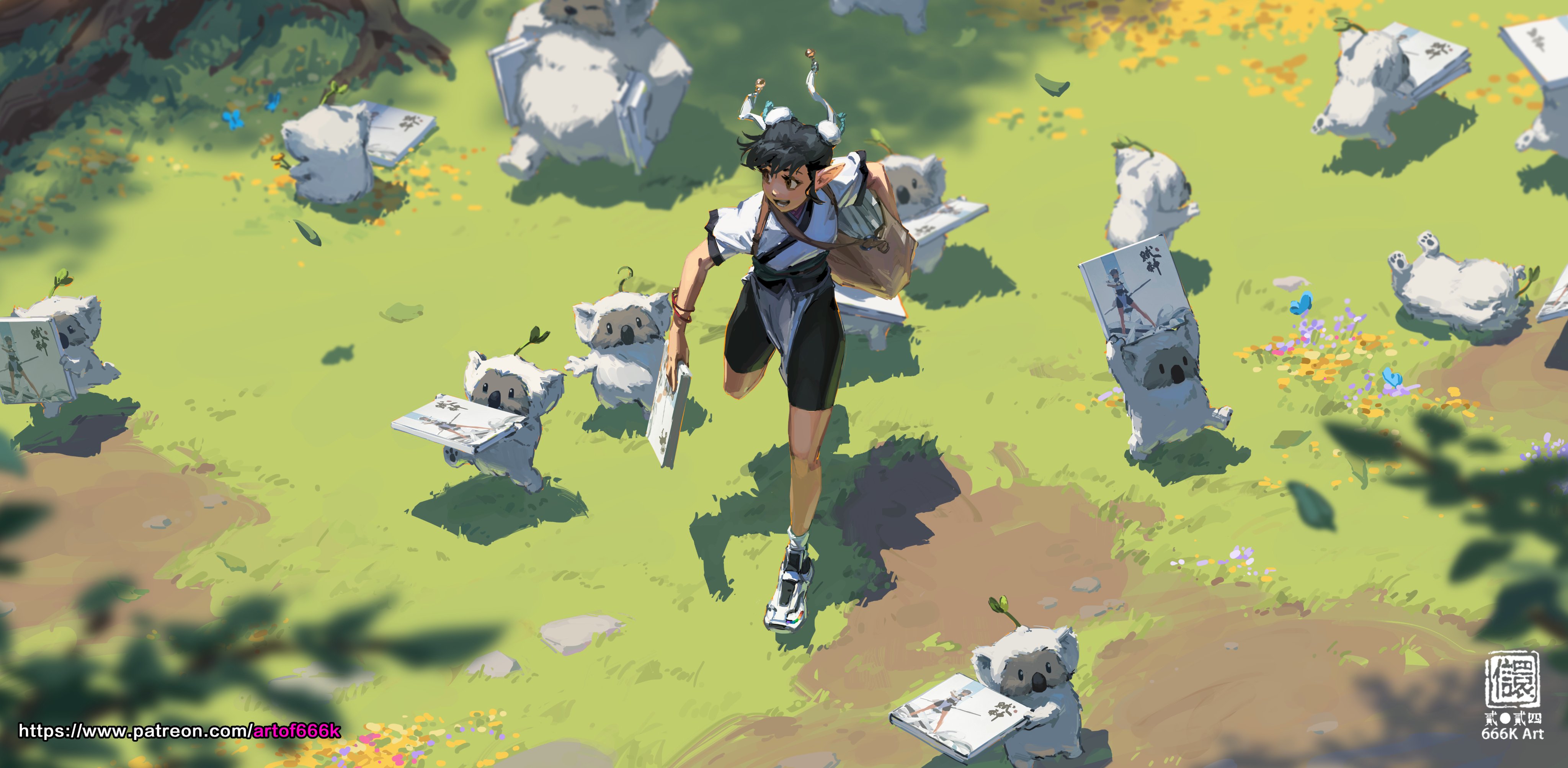 the digital painting showcases a whimsical scene where a young girl, possibly an elf or similar fantasy character, runs through a sunny, grassy field carrying a satchel.  she is dressed in a stylized outfit, suggesting a light and airy style. surrounding her are numerous small, anthropomorphic koalas, each seemingly holding or reading a book. the koalas are rendered in a soft, fluffy style, contrasting with the sharp details on the girl's clothing. the overall style is vibrant, with soft light and shadow effects adding depth to the scene, hinting at a narrative involving the girl collecting or delivering the books. the art style is reminiscent of anime or manga, but with unique characteristics. the watermark "666k art" and a patreon link in the bottom left corner indicate the artist's online presence. the overall impression is one of magical realism, with a blend of cute and imaginative elements.