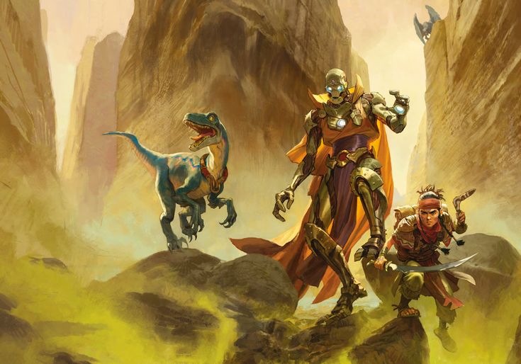 the image depicts a fantasy adventure scene in a canyon landscape. a blue raptor with a collar stands on a rocky outcrop, next to a tall robot with a cape. a man with a sword and boomerang is crouched on another rock. the scene is set against a backdrop of towering canyon walls and a hazy sky.