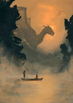 the image depicts a fantasy scene with a large dragon looming in the background, a body of water covered in fog, trees on either side, and two people in a small boat. the sky is a hazy orange, suggesting a sunset or sunrise.