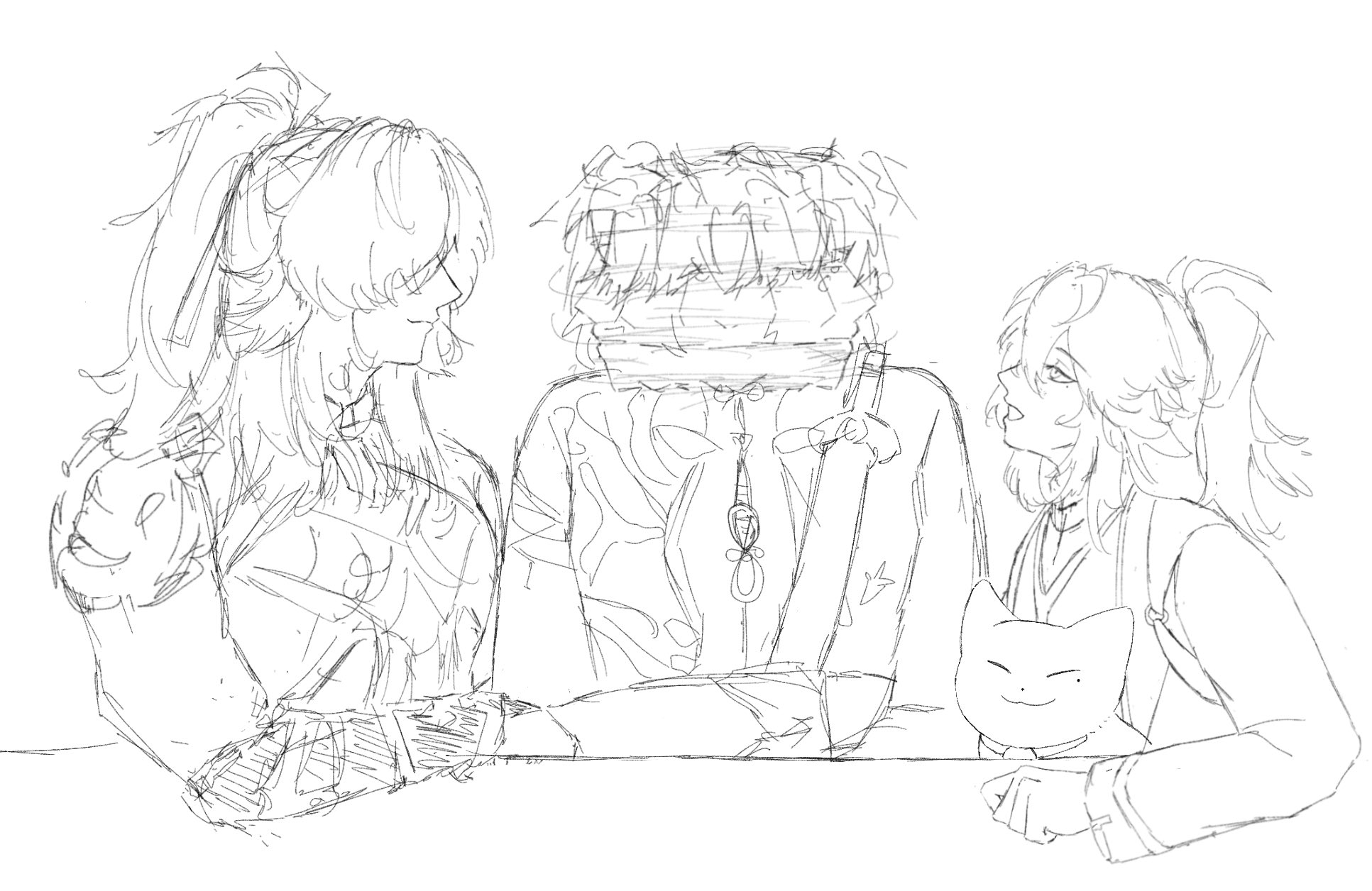 a black and white sketch of three friends sitting together. one person is holding a cat plushie. it is a casual scene drawn in a manga style.