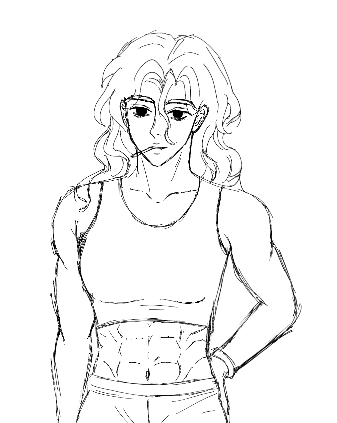a black and white drawing of a muscular male figure with long, wavy hair and animestyle features. he is wearing a tank top and his defined abdominal muscles are visible. he has a toothpick in his mouth and is holding his arm on his hip.